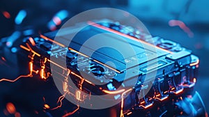 Futuristic technology device with neon lighting and digital interface design. Automotive battery