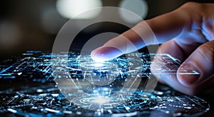 Futuristic technology finger touch digital interface glowing blue data streams close up