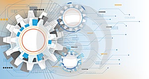 Futuristic technology, gear wheel on circuit board blue white back ground. Illustration hi-tech, engineering, digital telecoms