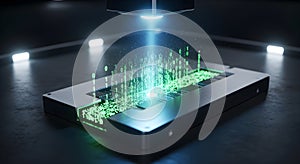 Futuristic technology: glowing binary code streams from a sleek digital device