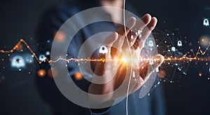 Futuristic Technology Hand Interacting with Digital Data Streams and Network Connections