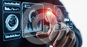 Futuristic technology hand interacting with digital touchscreen interface data analysis