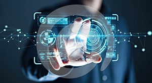 Futuristic technology hand interacting with holographic digital display interface