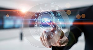 Futuristic technology hand touching digital interface with glowing neon lights and data streams