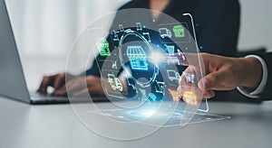 Futuristic technology hologram interface interactive display person using laptop digital data visualization