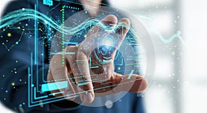 Futuristic technology hologram interface person interacting with digital data visualization