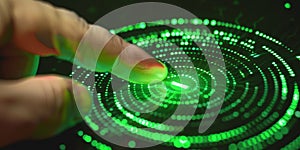 futuristic technology and home automation concept. close up of a finger pressing a green hologram button