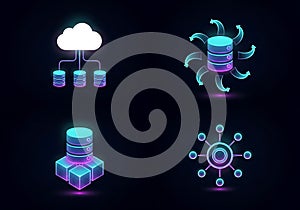 Futuristic technology icons set cloud storage servers data processing and network connectivity