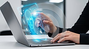 Futuristic technology interaction with hands typing on laptop displaying digital data