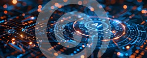 Futuristic AI technology interface with glowing circuitry and data flow