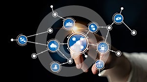 Futuristic Technology Interface with Connected Nodes and Icons Representing Data, Security, and Communication in a