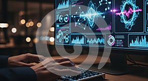 Futuristic technology interface displaying data graphs and waveforms for analysis white background