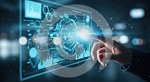 Futuristic technology interface displays brain scan data interactive touchscreen experience