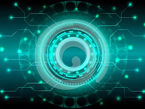 This futuristic technology interface features glowing circular data and a circuit board design.
