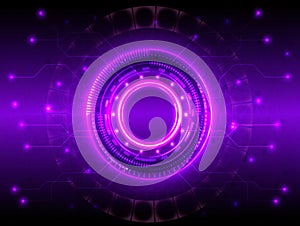 This futuristic technology interface features glowing circular data and a circuit board design.