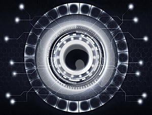 This futuristic technology interface features glowing circular data and a circuit board design.
