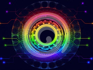 This futuristic technology interface features glowing circular data and a circuit board design.