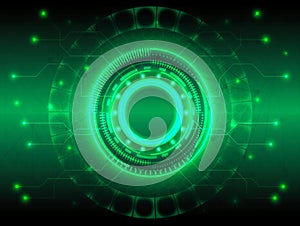 This futuristic technology interface features glowing circular data and a circuit board design.