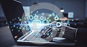 Futuristic technology interface glowing data streams from a laptop keyboard in a modern setting