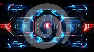 Futuristic technology interface with glowing lines on dark background. 3D rendering