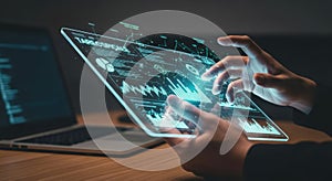 Futuristic technology interface hand interacting with data on a transparent screen