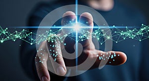 Futuristic technology interface hand touching glowing digital network connection future