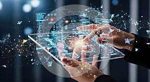 Futuristic technology interface hands interact with digital data display screen overlay