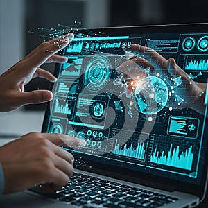 Futuristic technology interface with hands interacting with data visualization