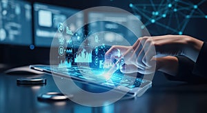 Futuristic technology interface interacting with digital data streams and charts white background