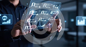 Futuristic technology interface person interacting with digital displays and data visualization
