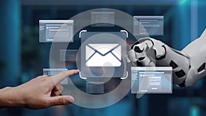 Futuristic Technology Interface with Robotic Hand Interacting with Email Icon and Digital Communication Elements in