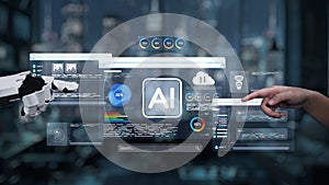 Futuristic Technology Interface Showing Artificial Intelligence Data Analysis with Human and Robot Interaction in Modern