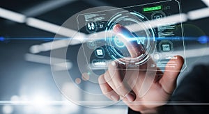 Futuristic technology interface touch screen hand interaction digital innovation glowing futuristic display