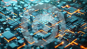 Futuristic technology network with glowing orange connections in a complex grid, connectivity