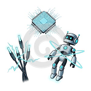 Futuristic Technology: Robot, Microchip, and Power Cables