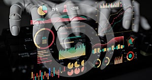 Futuristic Technology with Robotic Hands Interacting with Digital Data and Graphs Displayed on Screen for Data Analysis