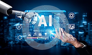 Futuristic Technology Scene with Robot Hand Interacting with Human Hand and Artificial Intelligence Data on Screen