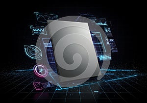 Futuristic technology showcase featuring advanced data visualizations interface