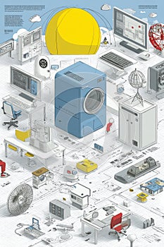 Futuristic technology theme with objects and gadgets in an isometric layout
