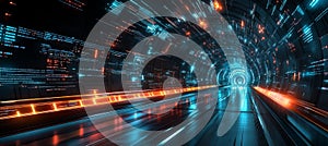 Futuristic Technology Tunnel With Data Flow, Cybersecurity And Digital Network Connection