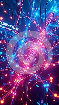 Futuristic Technology Web: Glowing Nodes, Fiber-Optic Cables & Cyberpunk Digital Structure