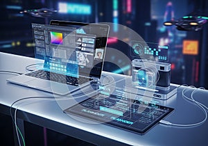 A futuristic technology workspace featuring a