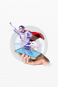 Futuristic template collage of person user playing gadget video game hologram character super hero