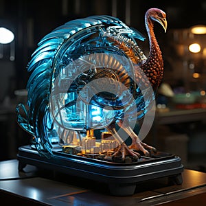 Futuristic Thanksgiven dinner table with roasted Turkey and vegetables, Side view, AI Generative