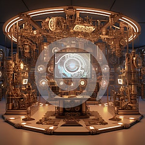 Futuristic Time Machine surrounded by a Gallery of Vintage Tech and Antique Items