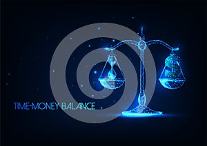 Futuristic time money balance concept with glowing low polygonal Scales, hourglass and dollar sign