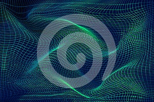 Abstract digital technology background featuring a flowing, undulating 3D wireframe mesh grid.