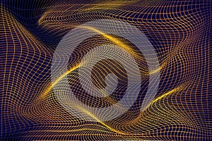 Abstract digital technology background featuring a flowing, undulating 3D wireframe mesh grid.