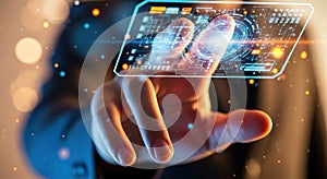 Futuristic touch screen interface technology innovation hand interacting with glowing digital display data