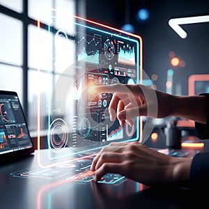 Futuristic Touchscreen Data Analytics Dashboard with Interactive Digital Interface.